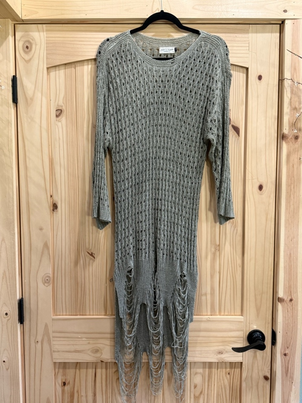 Distressed Open-Knit Fringe Sweater Dress - Olive Taupe